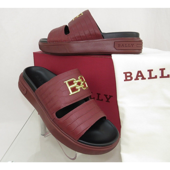 NIB BALLY JYM MAROON CROC PRINT LEATHER B CHAIN GOLD LOGO SANDALS SLIDES 9 D main image 6